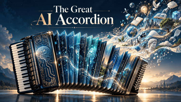 A visually striking accordion embellished with images of technology, art, and culture, titled 'The Great AI Accordion', set against a scenic background of mountains and sky.