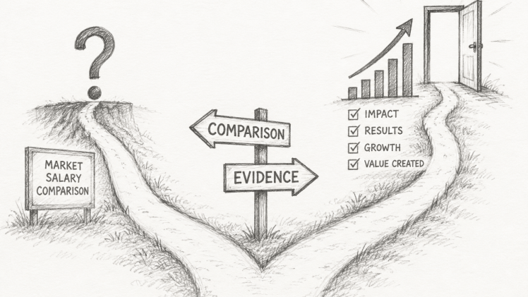 A hand-drawn illustration depicting a forked path with signs for 'Comparison' and 'Evidence'. On the left, there is a sign stating 'Market Salary Comparison' next to a question mark. The right path leads to an open door with a chart showing upward growth and check marks indicating 'Impact', 'Results', 'Growth', and 'Value Created'.