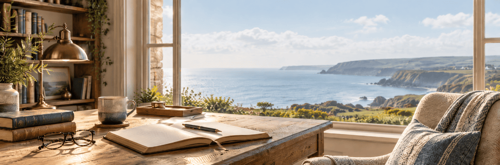 A cosy workspace featuring a wooden desk with an open notebook, pen, coffee mug, and glasses, overlooking a scenic coastal view with cliffs and the ocean in the background.