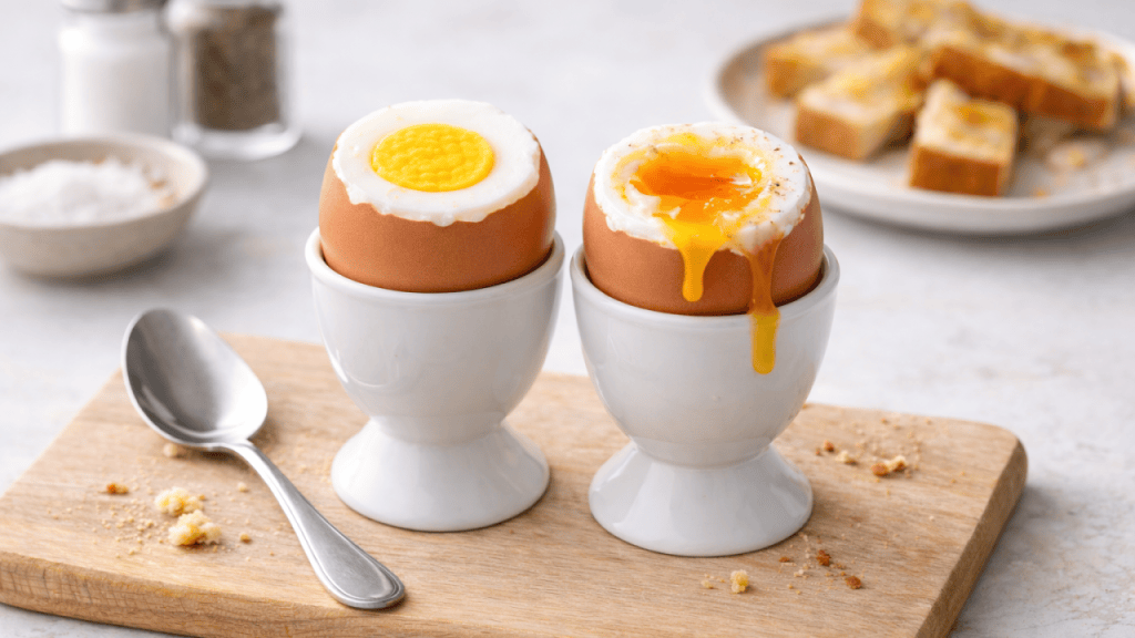 Two soft-boiled eggs in white egg cups on a wooden board, with one egg topped with a bright yellow yolk and the other spilling its yolk. In the background, pieces of toasted bread and containers of salt and pepper are visible.
