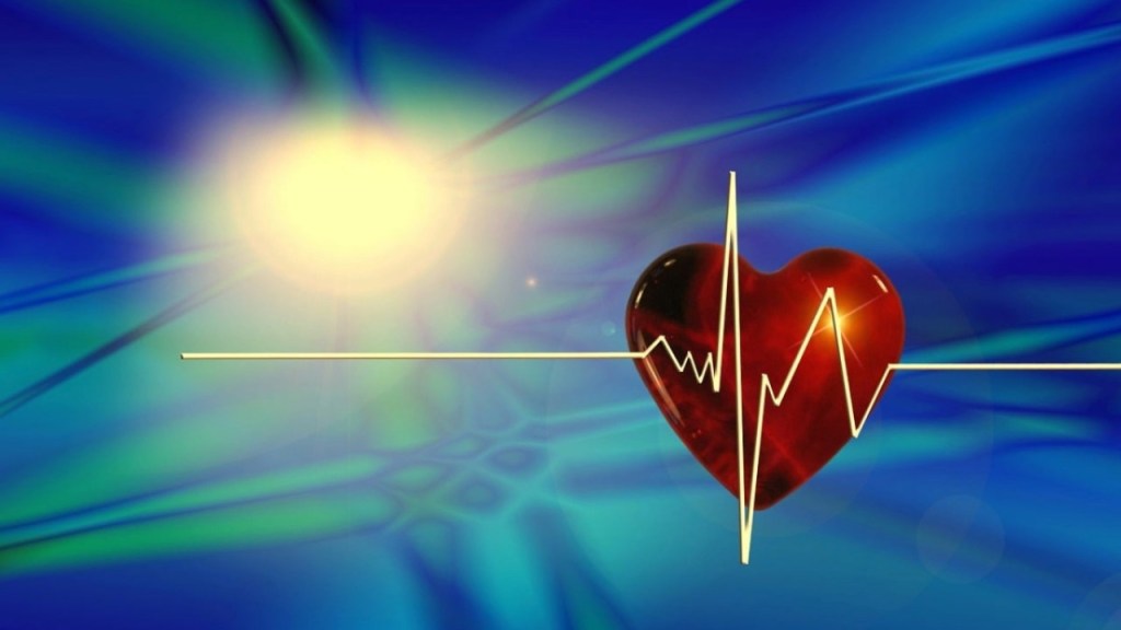 An artistic representation of a red heart with an electrocardiogram line against a blue and green background, symbolising health and vitality.