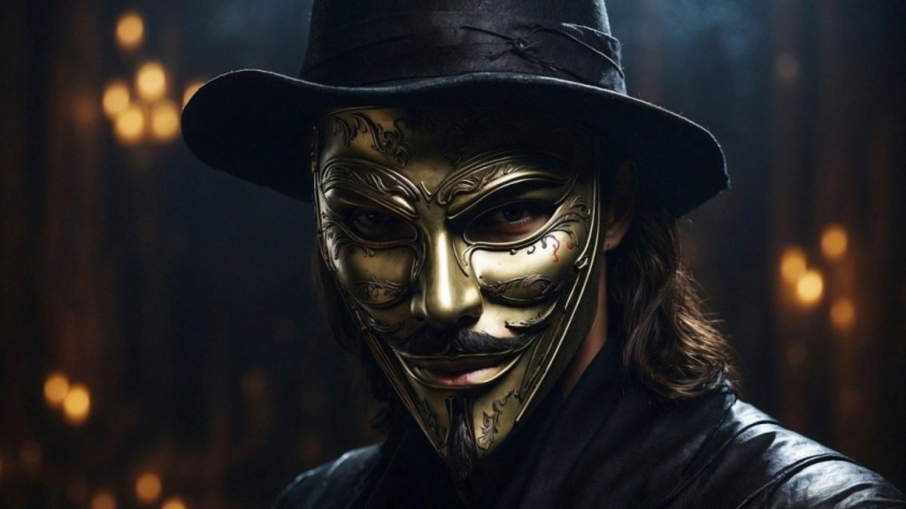 A person wearing an ornate gold mask and a black hat, with a mysterious expression, set against a blurred background with warm lights.