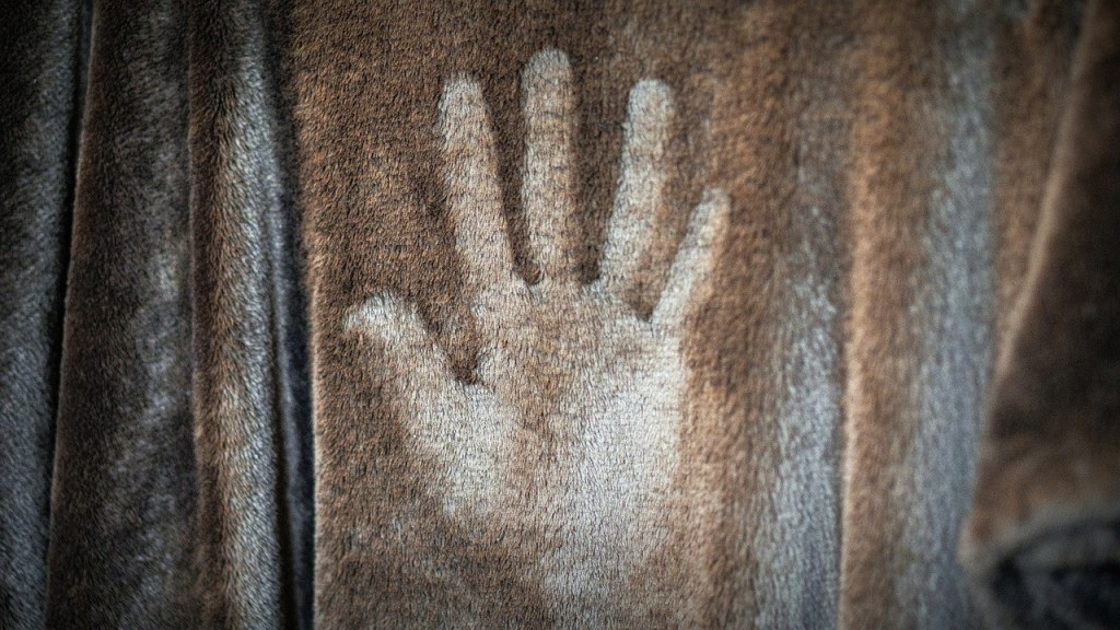 A close-up of a handprint visible on a textured brown surface.