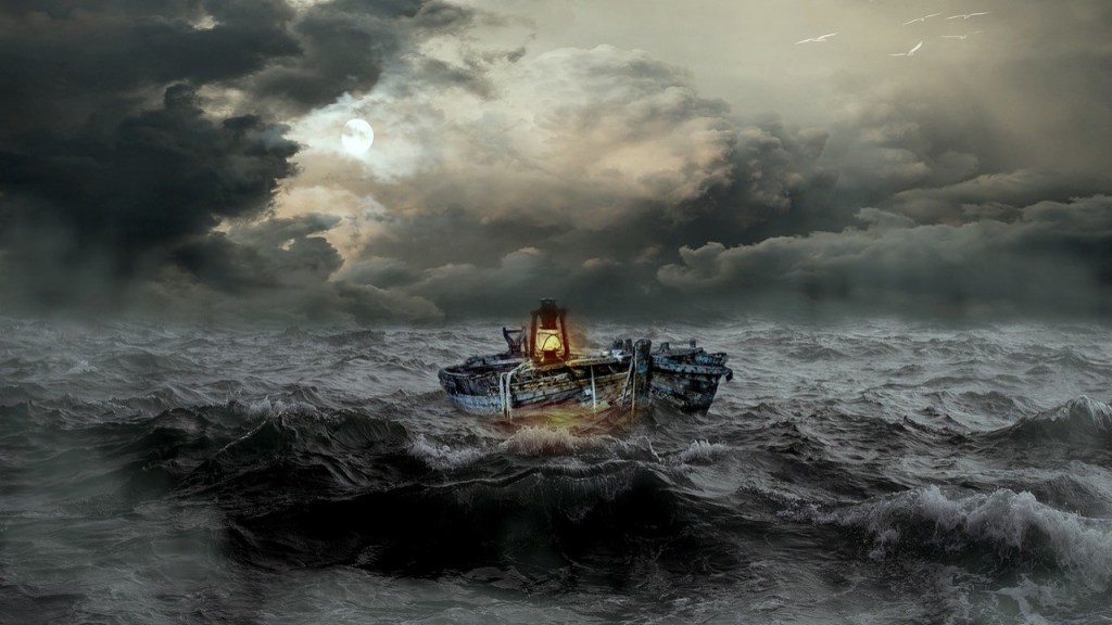 A distressed fishing boat struggling in rough seas under a stormy sky with dark clouds and a full moon illuminating the scene.