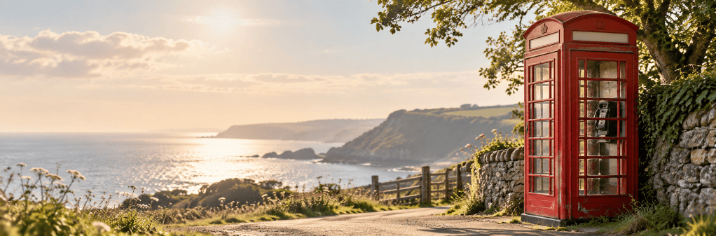 A classic red telephone box beside a path overlooking a tranquil sea and coastline, with a sunset casting warm light over the landscape.
