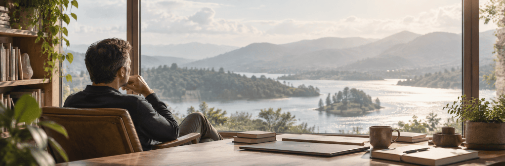 A person seated in a modern office overlooking a serene lake and mountains through a large window, with a desk featuring a laptop, notebooks, and a cup.