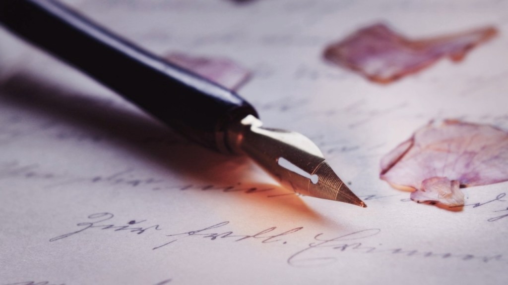 A close-up of a fountain pen resting on handwritten notes, with dried flower petals scattered around.