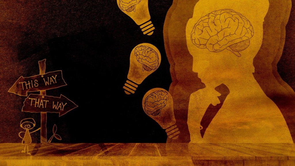An artistic illustration depicting a silhouette of a person with a brain, surrounded by light bulbs and directional signs labeled 'This Way' and 'That Way'.